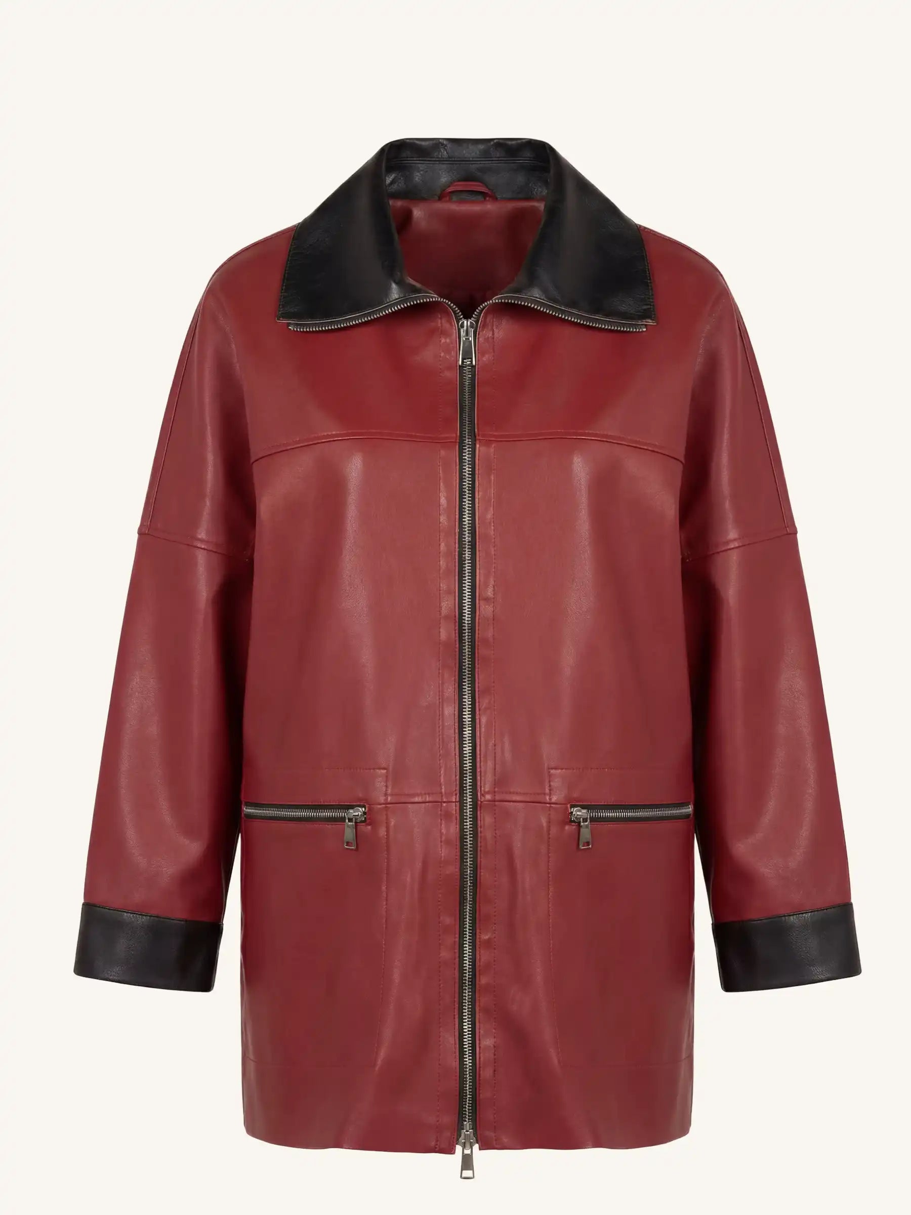 double-sided burgundy and black leather jacket, front view, minimalist design