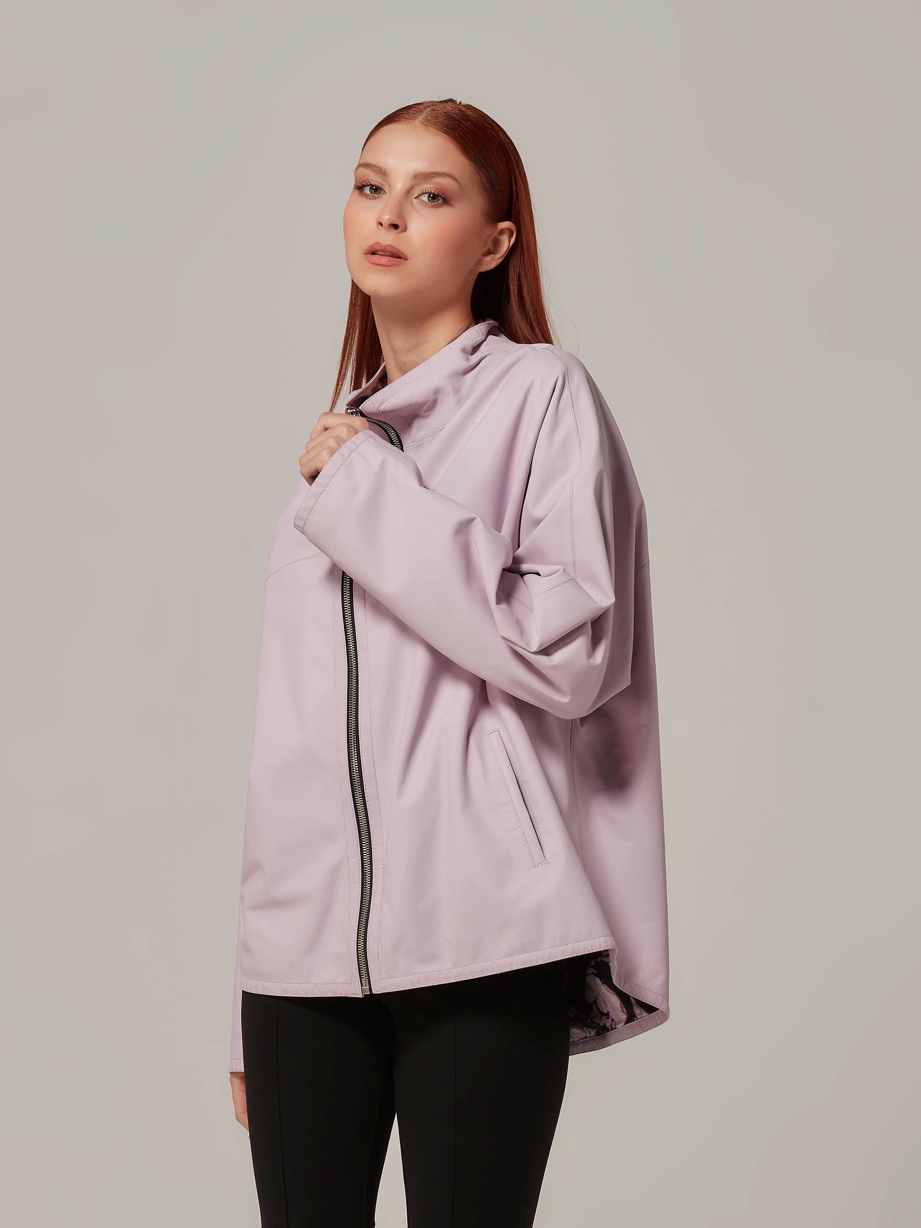 Light Purple Cropped Sports Leather Jacket with Hood front pose