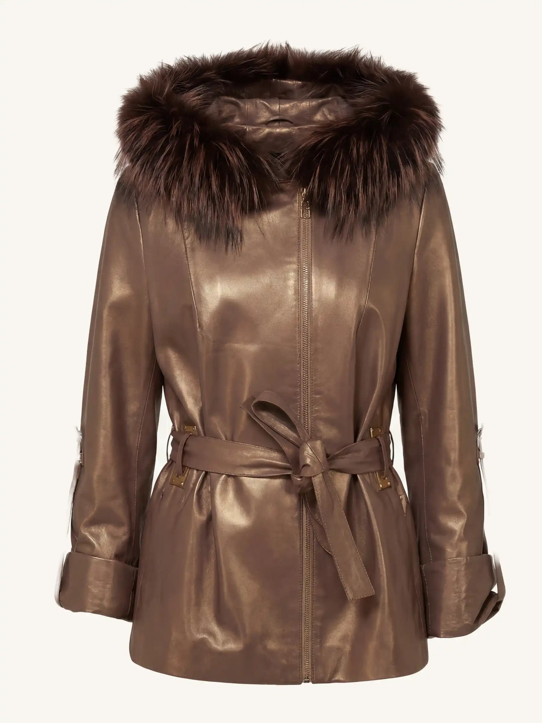 Bronze Leather Jacket with Fox Fur Hood 