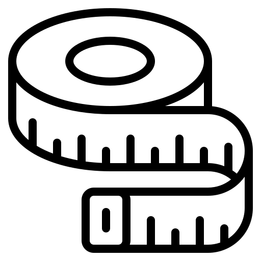 Black line drawing of a tape measure on a white background